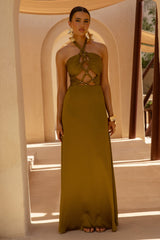 Aleera | Olive Chiffon Halter-Neck Maxi Dress With Cut-Out Detail