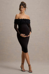 Adita | Black Mesh Floral Bardot Maternity Midi Dress