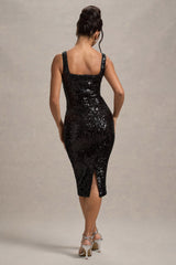 Sweet Spark | Black Sequin Square-Neck Midi Dress
