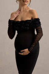Adita | Black Mesh Floral Bardot Maternity Midi Dress