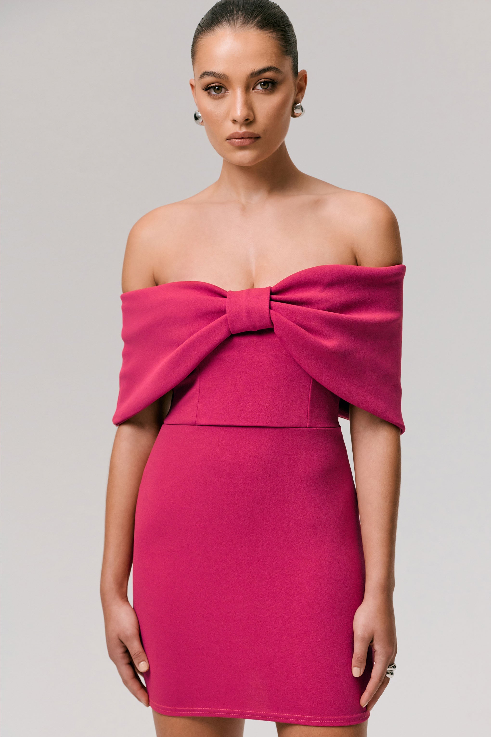 Sadie | Hot Pink Bow Bardot Mini Dress