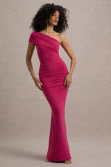 Alethea | Hot Pink Asymmetric Bardot Maxi Dress