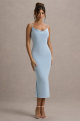 Addison | Powder Blue Cowl-Neck Open-Back Midi Dress With Lace