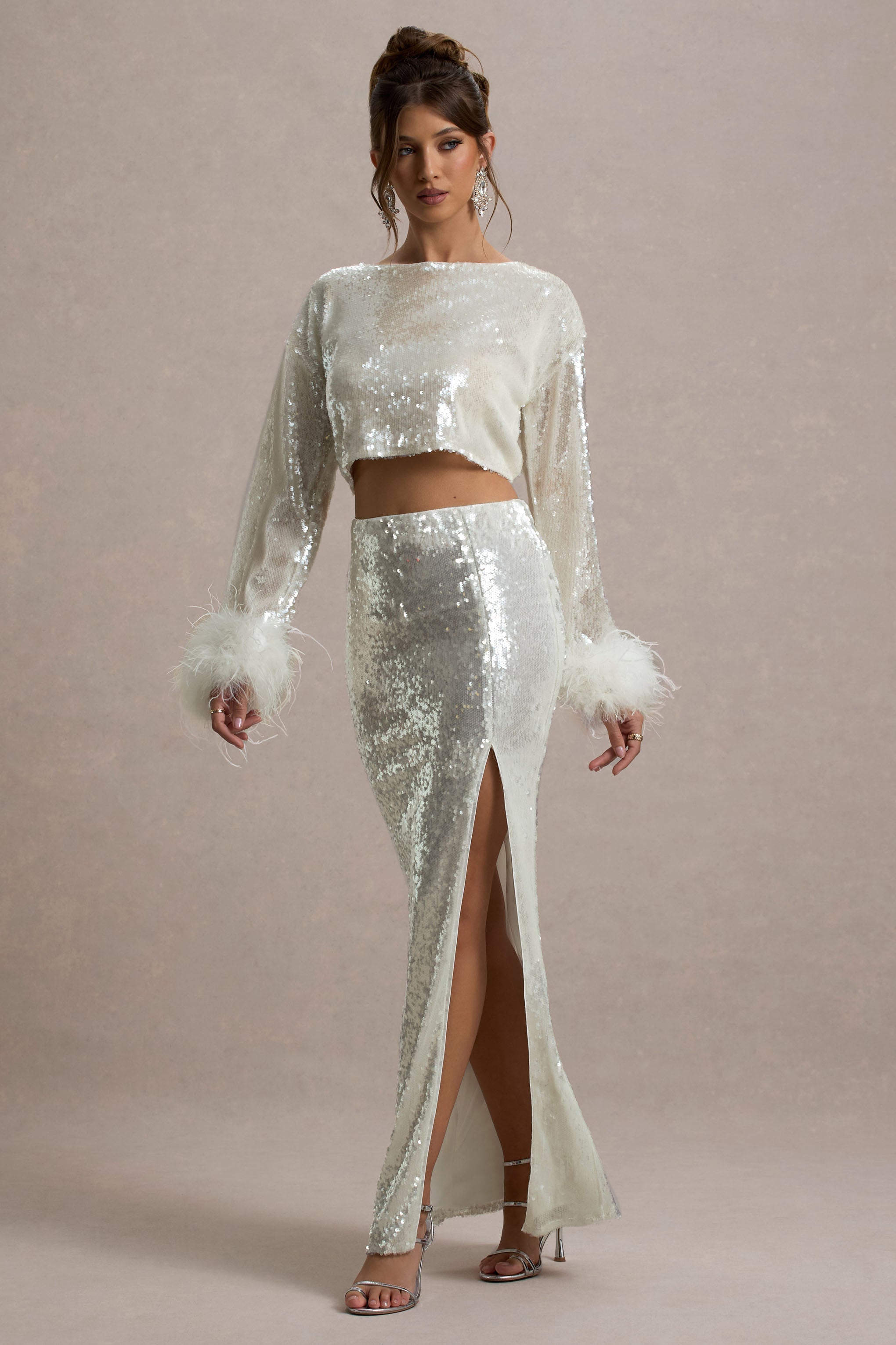 Raia | Sand Sequin Split Maxi Skirt